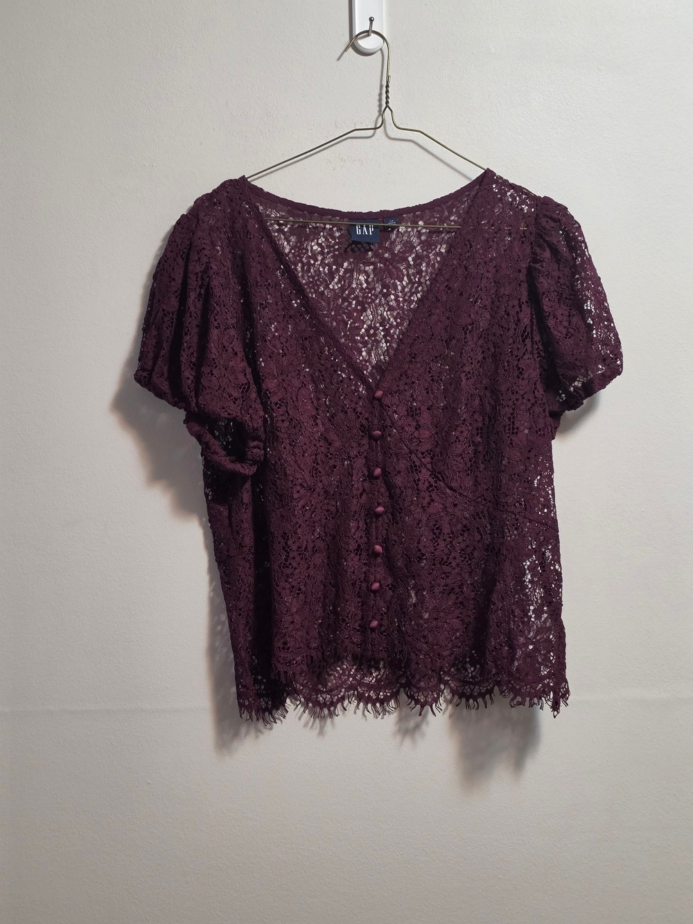 GAP Women's Lace Button-Front Top in Deep Burgundy